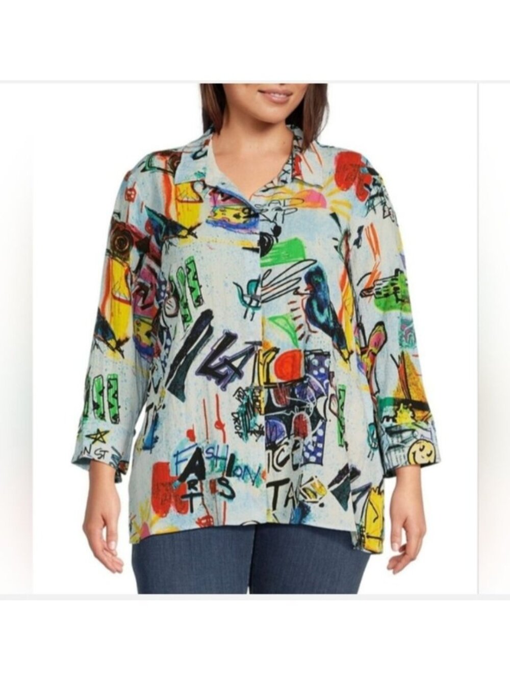 Ali Miles Top Tunic Sz Petite XL Doodle Print Button 3/4 Sleeves Artsy, Zip Back
